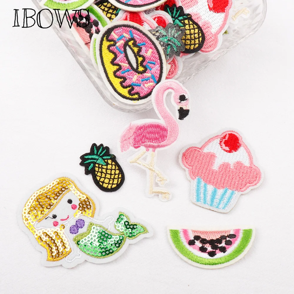

IBOWS 10pcs Iron On Patches Embroidered Summer Flamingo Reversible Mermaid Sequins Patches Clothing Stikers DIY Applique Patches