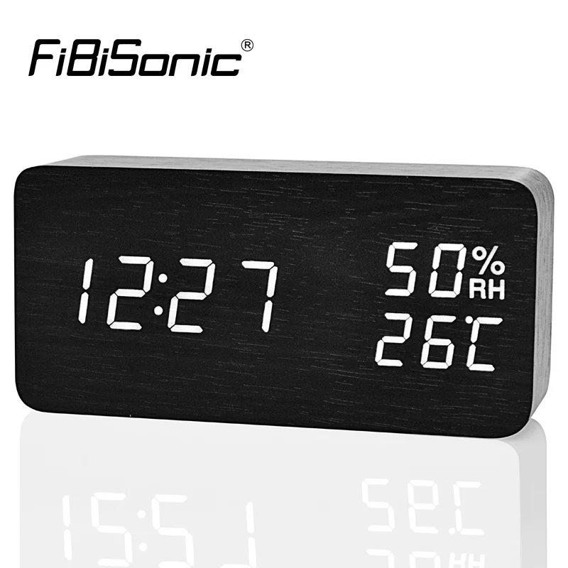 

FiBiSonic Modern Digital LED Alarm Clock Sound Control Wooden Despertador Desktop Clock Humidity Temperature Display