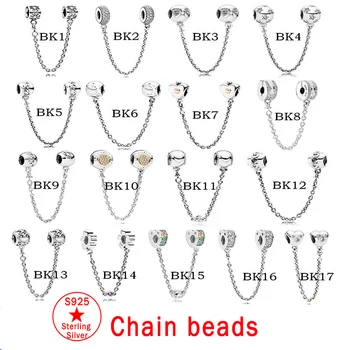 

Beautiful Silver String Safety Chain Fixed Button Pearl 100% 925 Pure Silver Original Pandora Bracelet Gift Pearl DIY Jewelry