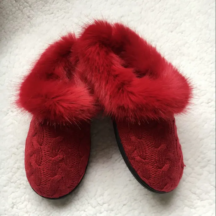 Women's Soft Yarn Cable Knitted Faux Fur Collar Slip On Slippers Memory Foam Anti-Skid Sole House Slipper Shoes (15)