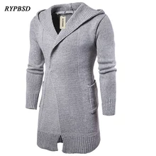 Solid Color Long Cardigan Sweater Coat Knitted Sweater Men Casual Hooded Long Sweater Pullover Coat Knitted Sweaters Male