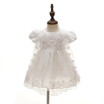

2018 white Comfortable Infant Baby Girl dress Lace Floral Short Sleeve Princess wedding Dress clothing 1 years baptism dress