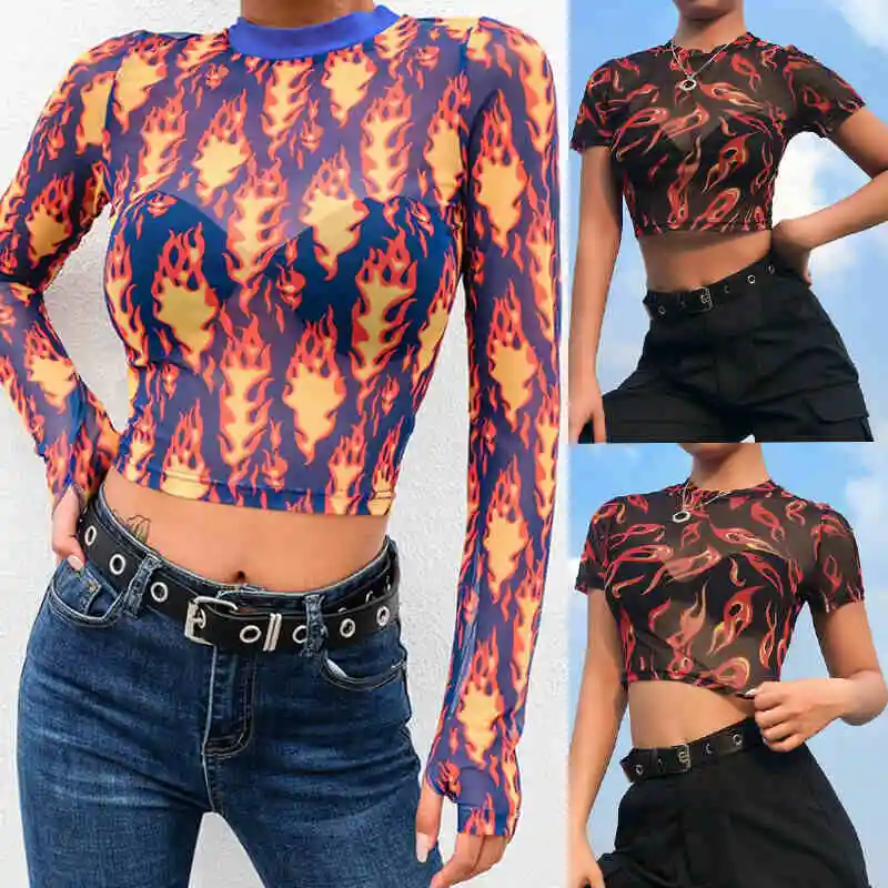 

Red fire print T-shirt Harajuku-with tag- letter T Shirt sexy transparent T-shirts Crop Top Women Tshirt Tops