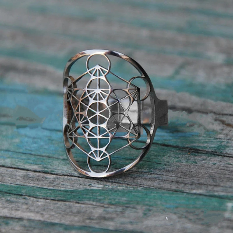 Женское кольцо с серебряным покрытием Metatron's Cube ширина 25 мм регулируемый размер