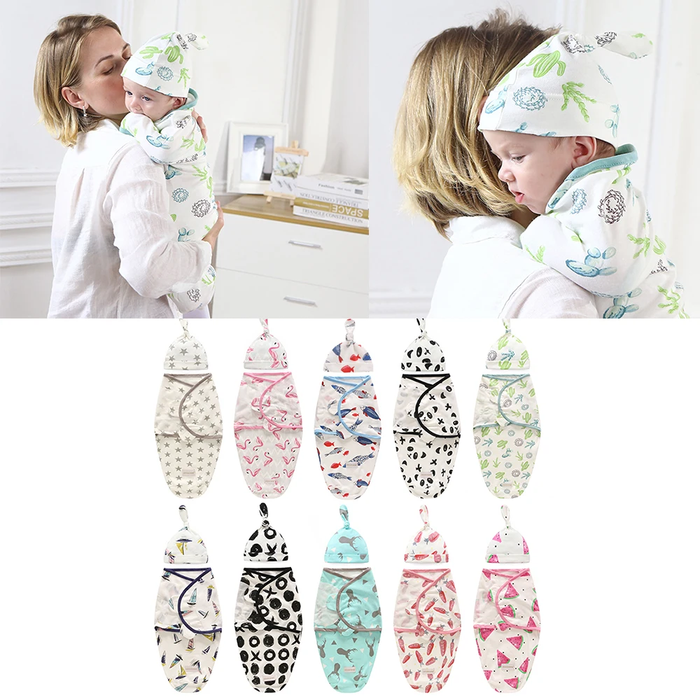 Loozykit 2 Pieces Set Newborn Swaddle Wrap+Hat Cotton Baby Receiving Blanket Bedding Cartoon Cute Infant Sleeping Bag For 0-6M