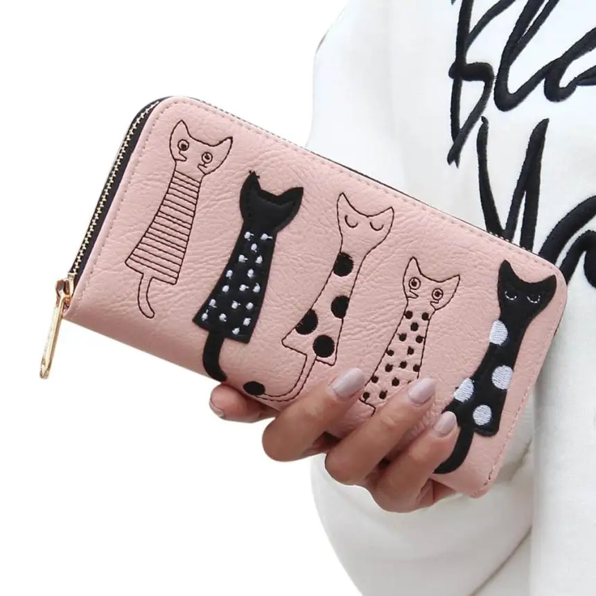 

Women Women Cat Cartoon Wallet Long Creative Female Card Holder Casual Zip Ladies Clutch PU Leather Coin Purse ID Holder #Zer