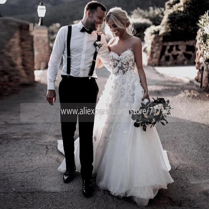 

A-line 3D-Flowers Pearls Sweetheart Tulle A-line Wedding Dress Sweet Train Backless Illusion Bridal Dress Great Vestido de novia