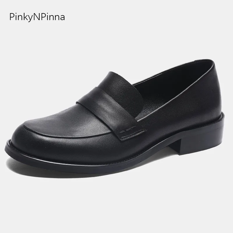 

women preppy style loafers chunky heels soft genuine leather round toe slip on casual office collage shoes super plus size 44