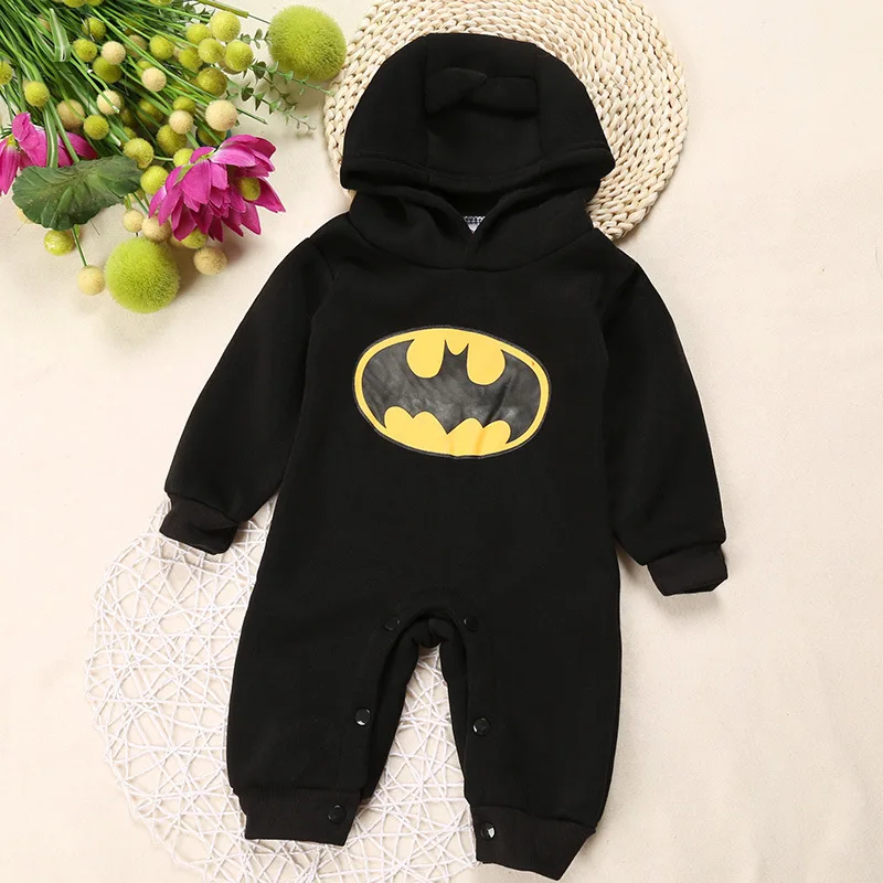 Одежда для новорожденных мальчиков и девочек; Детские хлопковые комбинезоны с длинными рукавами и капюшоном с принтом Бэтмена; комбинезон для детей