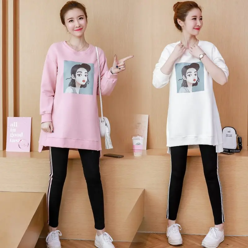 

Cartoon printing autumn and winter pregnant women suit loose long coat top stomach lift maternity two-piece suit