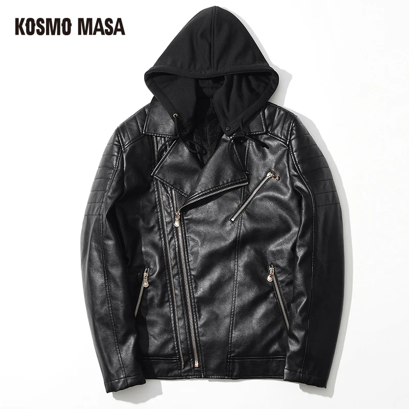 KOSMO MASA 2017 Faux Fur Hooded PU Leather Suede Jacket for Men Winter Mens Turkey Motorcycle Bikers Slim Black Fit Coats MF004