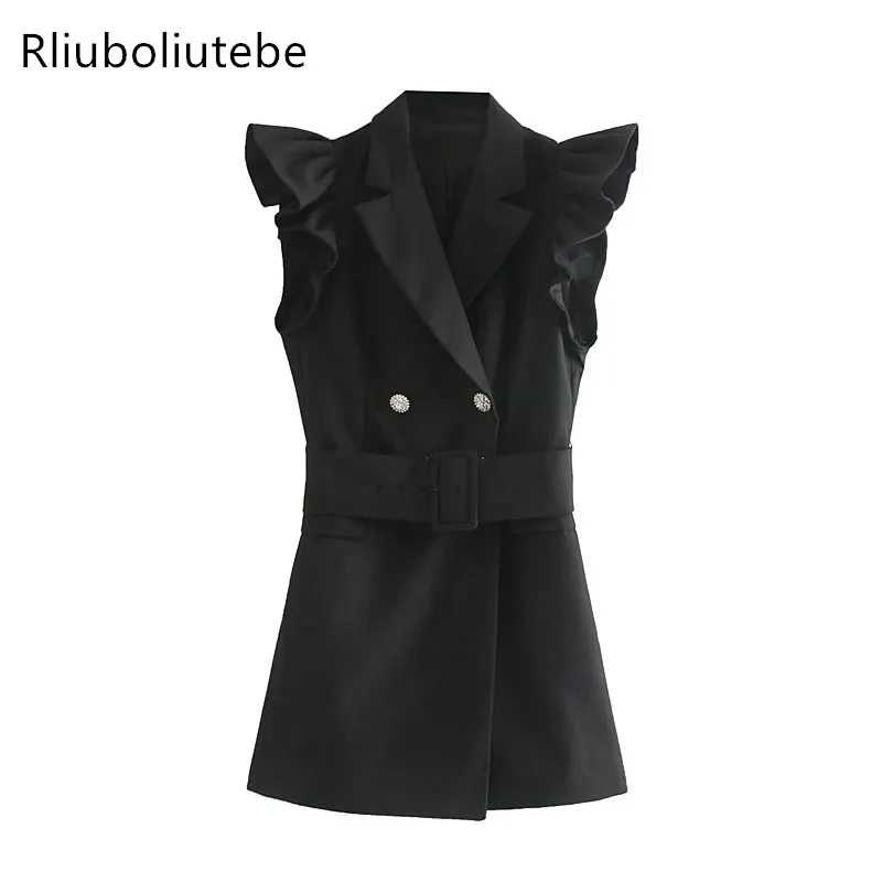 

Sleeveless lapel Vest Blazers Dress Women Ruffles Vintage With Belt Office Lady Work Vest Dress Mini Autumn Long Vest Black