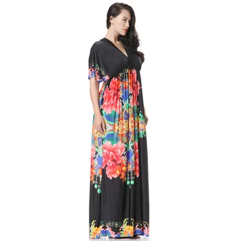 

2019 Women Holiday Maxi Beach Dress V Neck Batwing Short Sleeve Printed Flower Dress Big Size 7XL abito lungo cerimonia donna