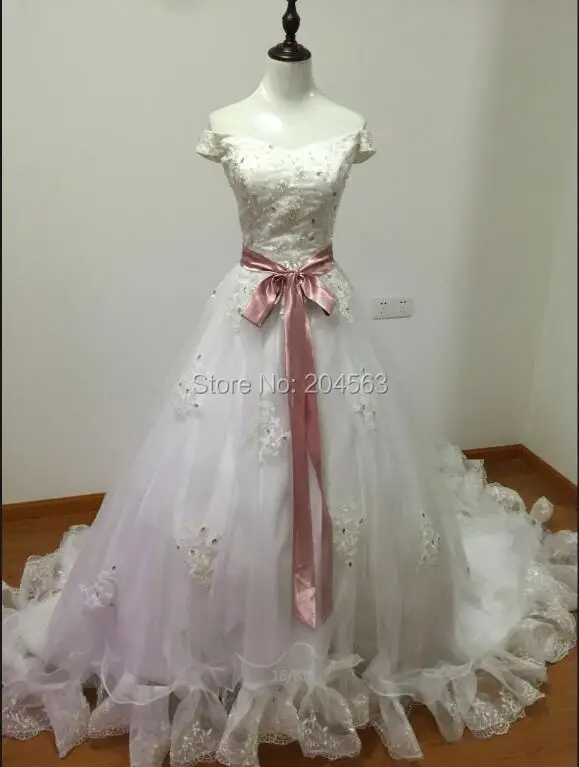 

Hot Sale Real Picture Royal Train A Line Princess Wedding Dress with Cap Sleeves and Color Sashes
