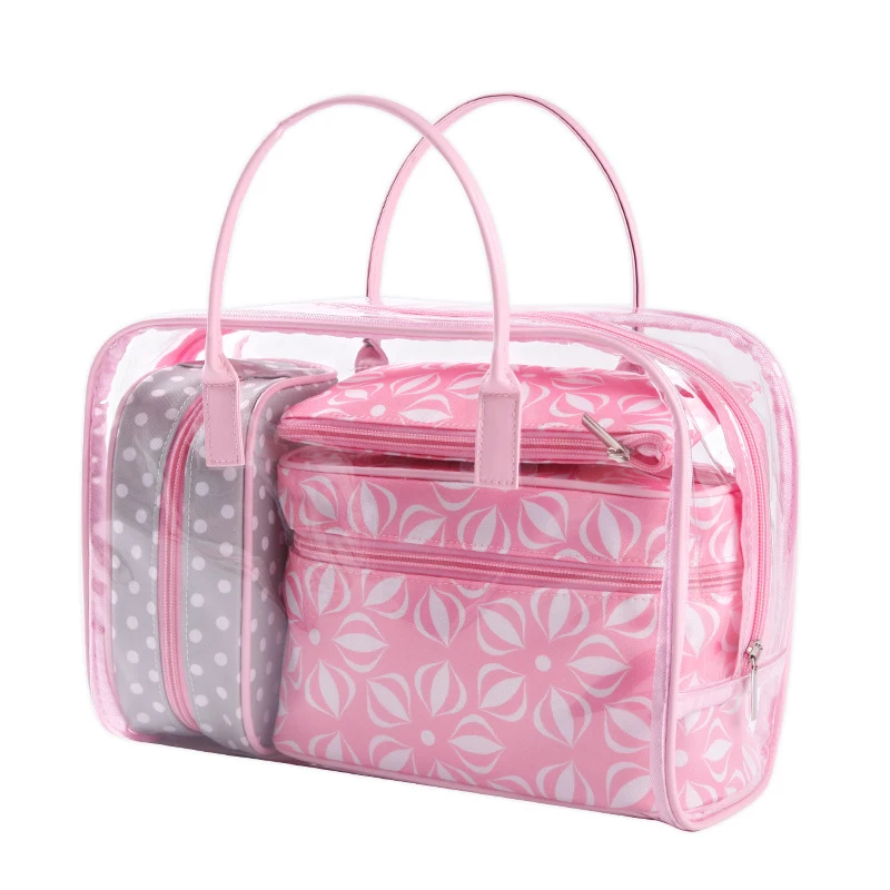 

Set of 4 PVC Makeup Bag Pink Transparent Organizer Pouch Cosmetic Wash Bags Toiletries Handbag Accessories Supplies Products