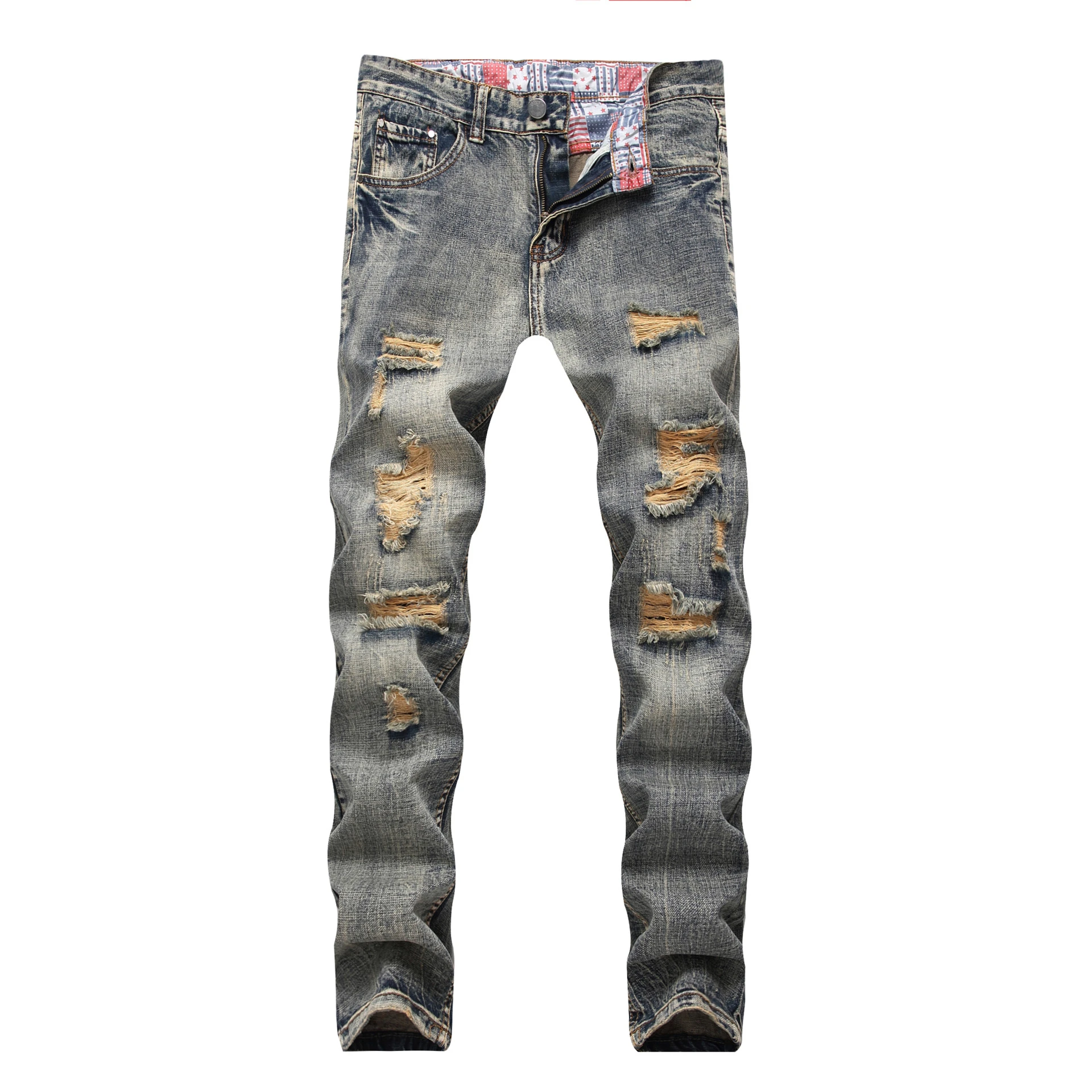 Land of Nostalgia Men/'s Casual Skinny Ripped Hole Trousers Denim Pants Jeans