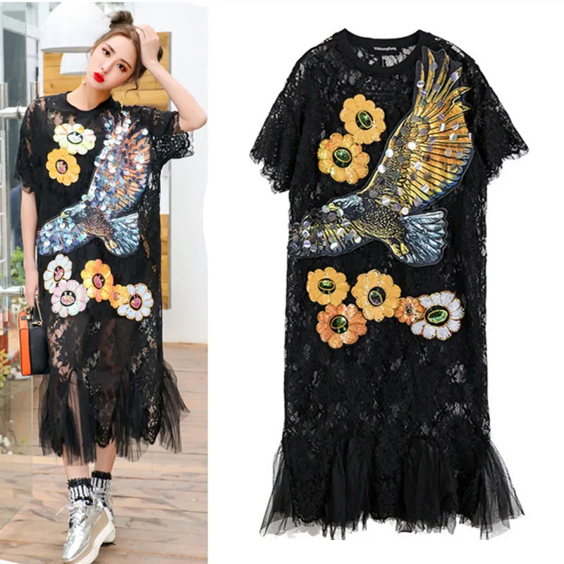 Novelty Summer Straight Sheer Dresses Women's Loose Eagle Sequins Long