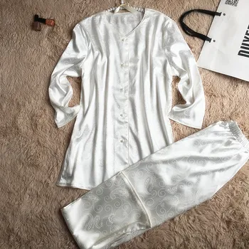 

Top Grade 2017 New Korean Style Women's Nice Satin Silk Pajamas Sets Princess Pyjamas Suit Sleepwear 3/4 sleeve+Long Pants