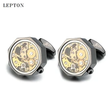 Low-key Luxury Gold Watch Movement Cufflinks With Glass Lepton Stainless Steel Steampunk Gear Watch Mechanism Cufflinks for Mens