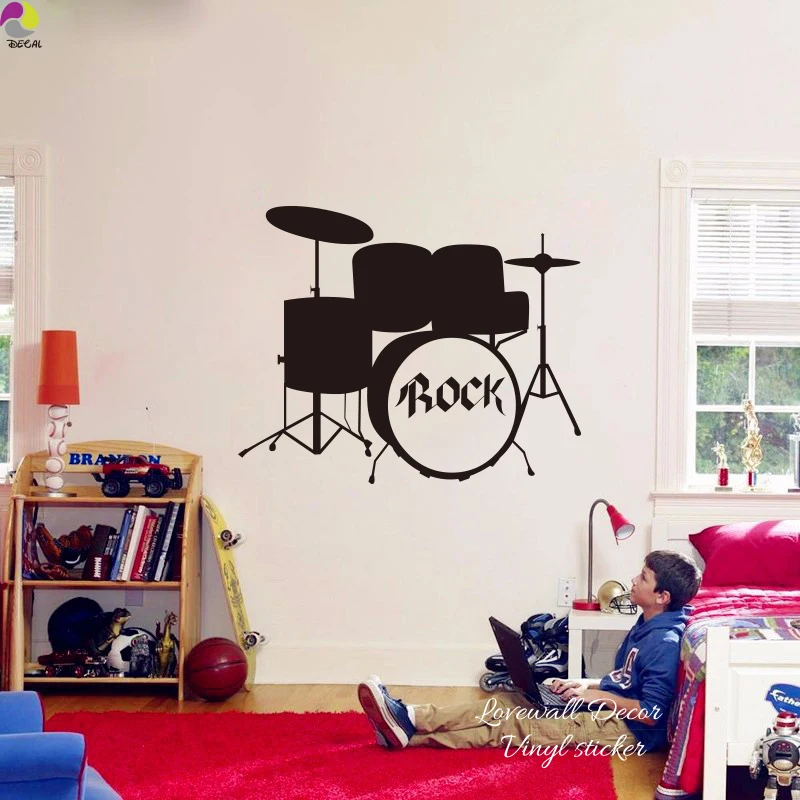 Rock Drums Music Wall Sticker Kids Room Bedroom Garage Band DJ Rock Wall Decal Boy Name Cut Vinyl Home Decor Wall Art Mural new (2)