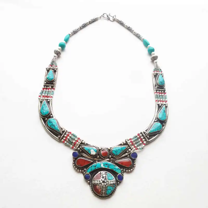 TNL583 Nepal Indian copper inlaid Colorful Stone Big Pendant Necklace Multi Statements Tibetan jewelry TNL583 Nepal Indian copper inlaid Colorful Stone Big Pendant Necklace Multi Statements Tibetan jewelry