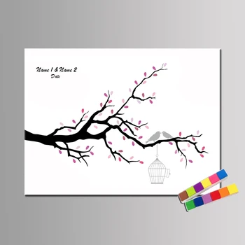 

Customize Wedding Decor Green Tree Love Bird For Fingerprints Wedding Gift Marriage Memory Souvenir with Ink Pads HK075