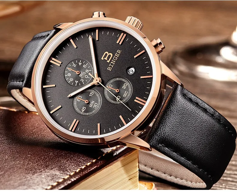 Мужские часы Топ люксовый бренд Бингер модные часы из натуральной кожи ремешок Водонепроницаемые многофункциональные кварцевые наручные часы подарок Горячая Распродажа