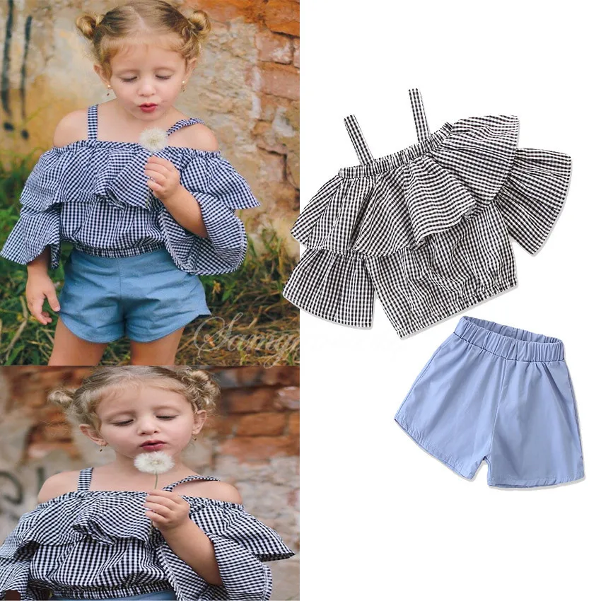 

2019 New summer clothes kids plaid ruffle camisole denim shorts set girls vacation wear cute kids party clothing 18N1126