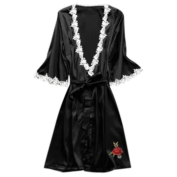 

Robe Women Sleepwear Satin Lace Pajamas Pyjamas Sleep Lounge Ladies Sexy Satin Bathrobe Silk Nightdress Nightshirt#g5