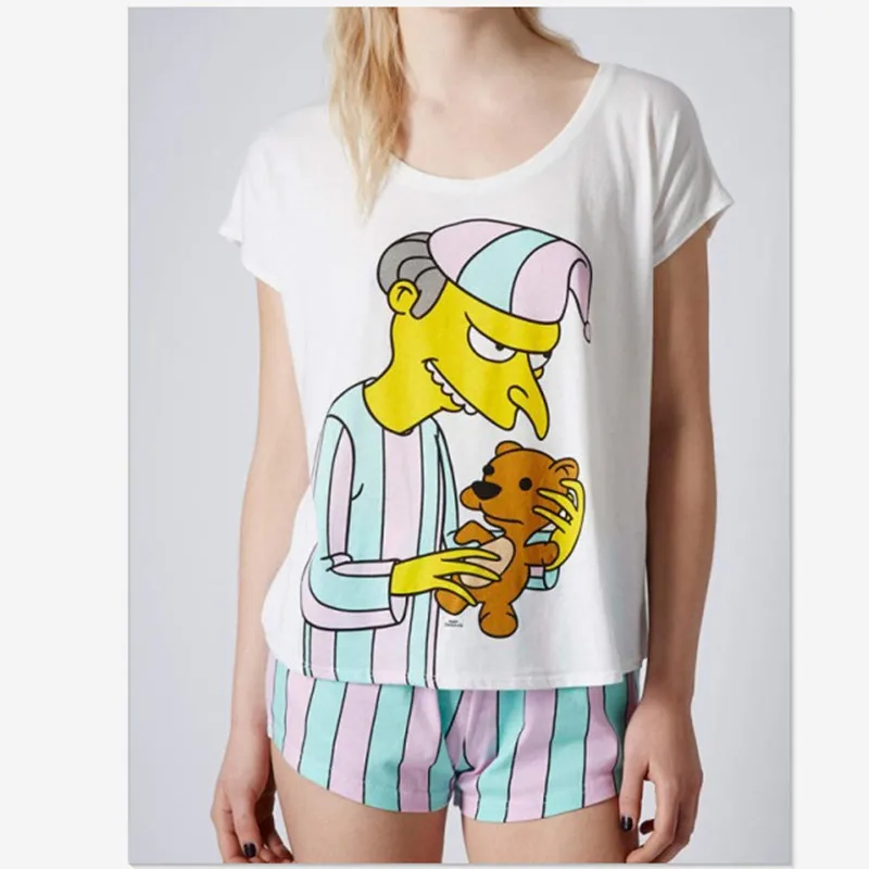 

2019 women pajama sets with cute mr burns printed cotton fashion causal pyjamas sweet candy color stripped Simpson for ladies