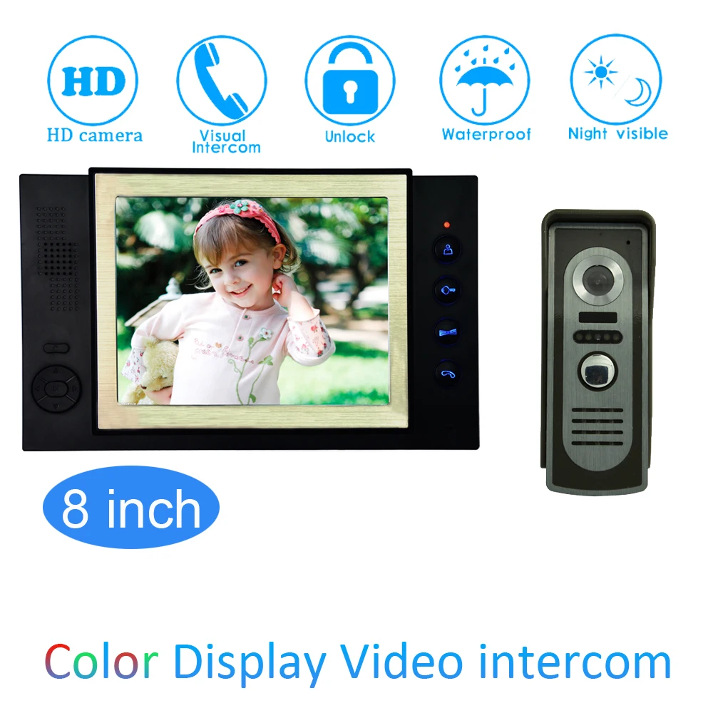 8'' Color LCD Video Door Phone House Garden improvement Device Wire Doorbell Door Release Unlock Night Vision IR HD Camera