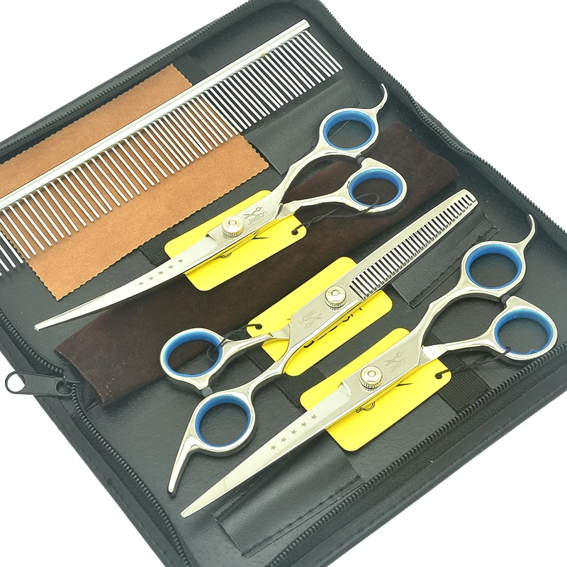 

7.0" Pet Grooming Scissors Kit Dog Hairdressing Shears Animal Hair Cutting Thinning Curved Clipper Haircut Tool Comb Bag LZS0766