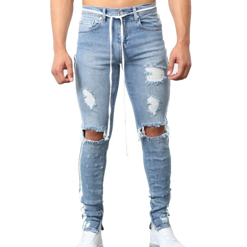 

MJARTORIA Men Casual Distressed Ripped Jeans Skinny Stretchy Washing Color Ribbon Striped Male Slim Fit With Hole Cotton Pants