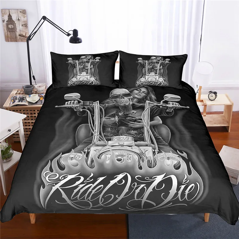 Motorcycle Beauty Skull Bedding Couple Duvet Covers Pillowcases