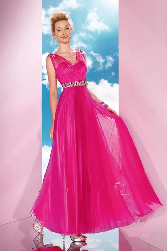 

SF256 Elegant V-neck Beaded Belt A-Line Tulle Prom Dresses