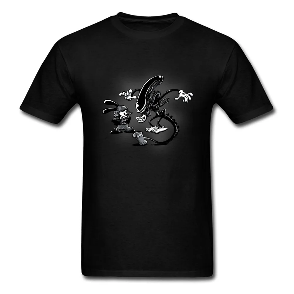 Men Tops Shirt Oswald vs Alien Plain Family T Shirt 100% Cotton Fabric Short Sleeve Custom Tee-Shirts Crewneck Oswald vs Alien black