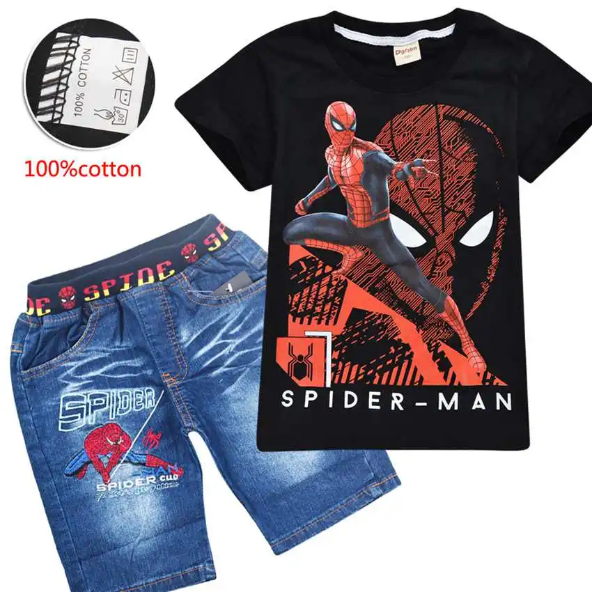 

Summer Boys Children Clothing Cartoon Spider-Man Shorts Denim Pants Sport Suit Baby Kids Short Sleeve T Shirt Jeans Clothes Sets