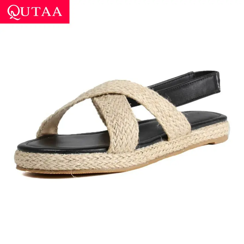 

QUTAA 2020 Women Sandals Round Open-toed PU Leather Elastic Band Rome Style Straw Weaving Platform Summer Ladies Shoes Size34-43