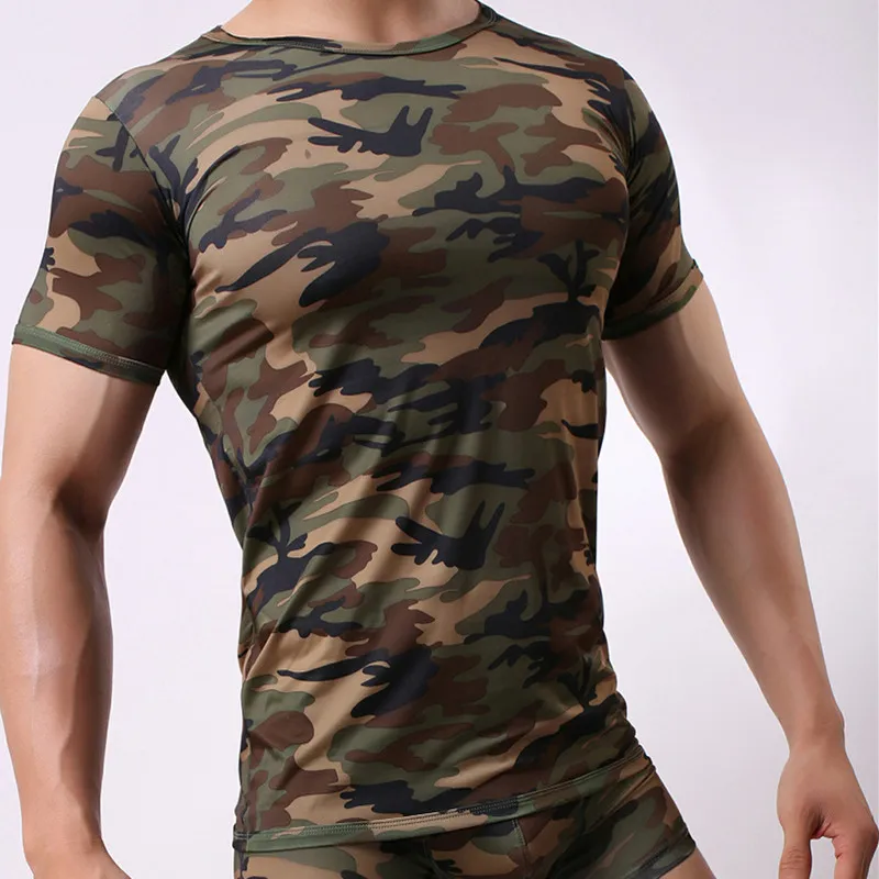 

Sexy Men's Undershirt Milk Silky Printed Camouflage Short-sleeved Leotard Jumpsuit Wrestling Undershirt Pajamas Underwear