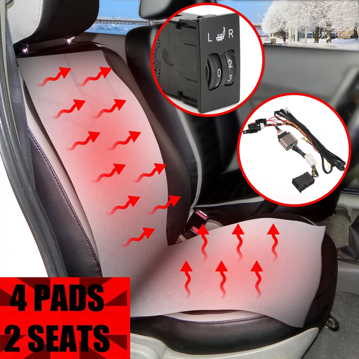 2 Seats 4 Pads Carbon Fiber Heated Seat Heater 12V Pads 2 Dial 5 Level