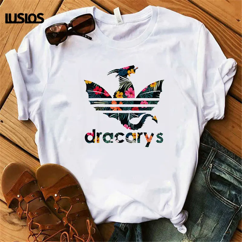 

LUSLOS Flower Dragon Print T Shirt Women Summer Short Sleeve Game of Thrones Dracarys Tshirt Female Fashion White Casual T-shirt