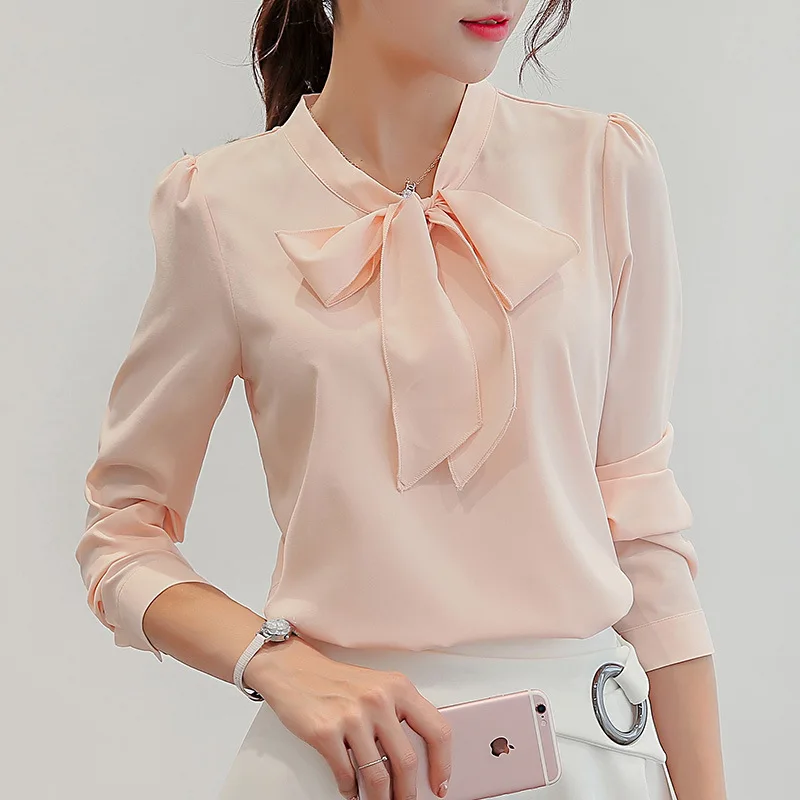 

Shuchan Bow Tie Chiffon Fashion Woman Blouses 2018 Office Lady Solid Ladies Tops Korean Style Womans Clothing Blusas Casual