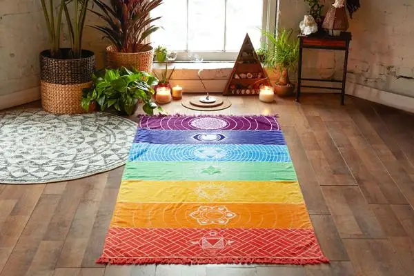 

Lannidaa Mandala Tassels 7 Chakra Tapestry Striped Yoga Mat Bohemian Decor Polyester Printed Travel Shawls Sunblock Beach Towel