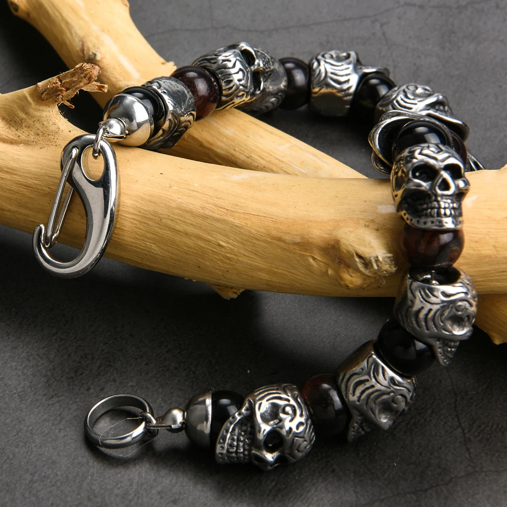 Retro Mens Stainless Steel Gothic Natural Stone Beaded Beads Bracelet Bangle 