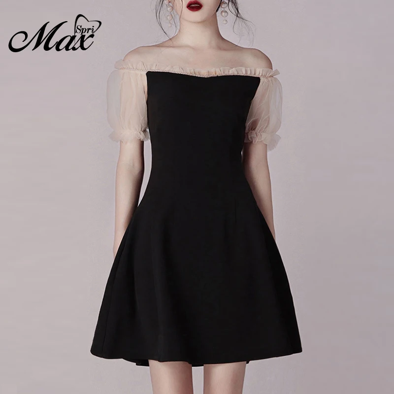 

Max Spri 2019 Elegant Slash Neck Off The Shoulder Solid Short Puff Sleeve Women Party Dress Sexy Ruffle A Line Mini Women Dress