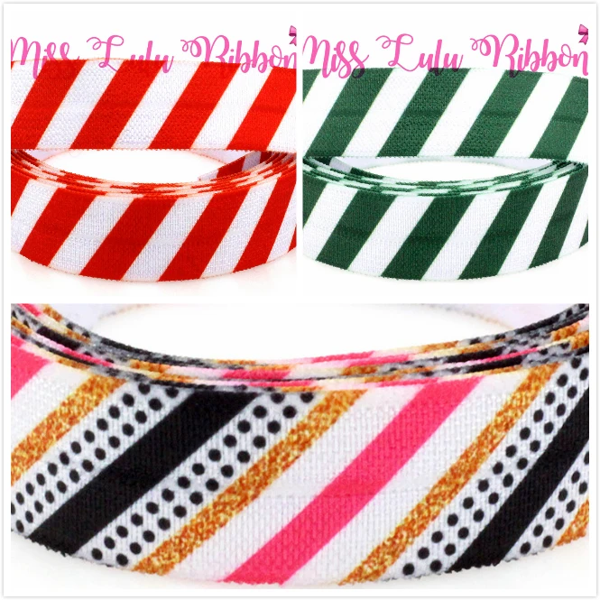 

5/8" 16mm Red&Green with White Stripe Printed Elastic Ribbon Black Dots Christmas Decor Webbing DIY hair bands 50yards/roll