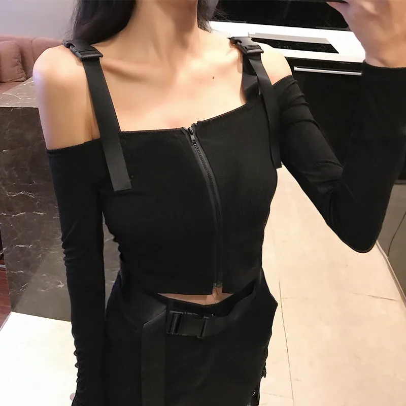 2019 New Women Set Loose High Waist Trousers + Suspenders T-shirt Slash Shoulder Two Pieces Overalls Suits Fashion Pocket Pants (9)