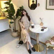 Новинка года; корейское модное платье; Повседневное платье с воротником в виде листьев лотоса; Длинное свободное кружевное платье с расклешенными рукавами