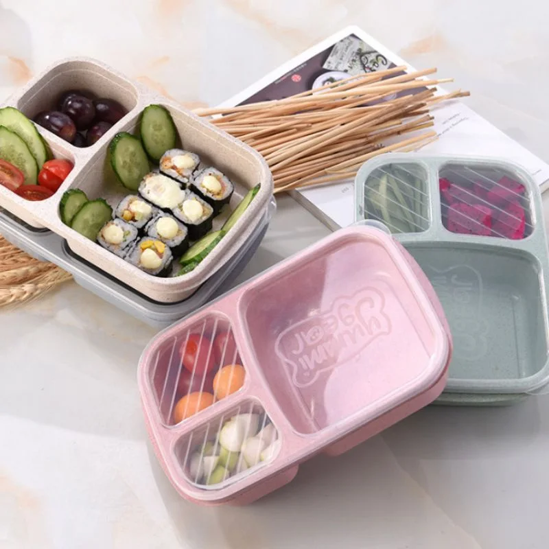 

Wheat Straw Box Single-layer 3 Grid Lid Microwave Picnic Food Box Storage Portable Container Biodegradable 23.5*15*5cm