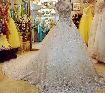شراءخمر فستان الزفاف 2019 الكرة ثوب طويل قطار الثقيلة كريستال فساتين زفاف الدانتيل الفاخرة الأميرة Vestido دي Noiva IZ204